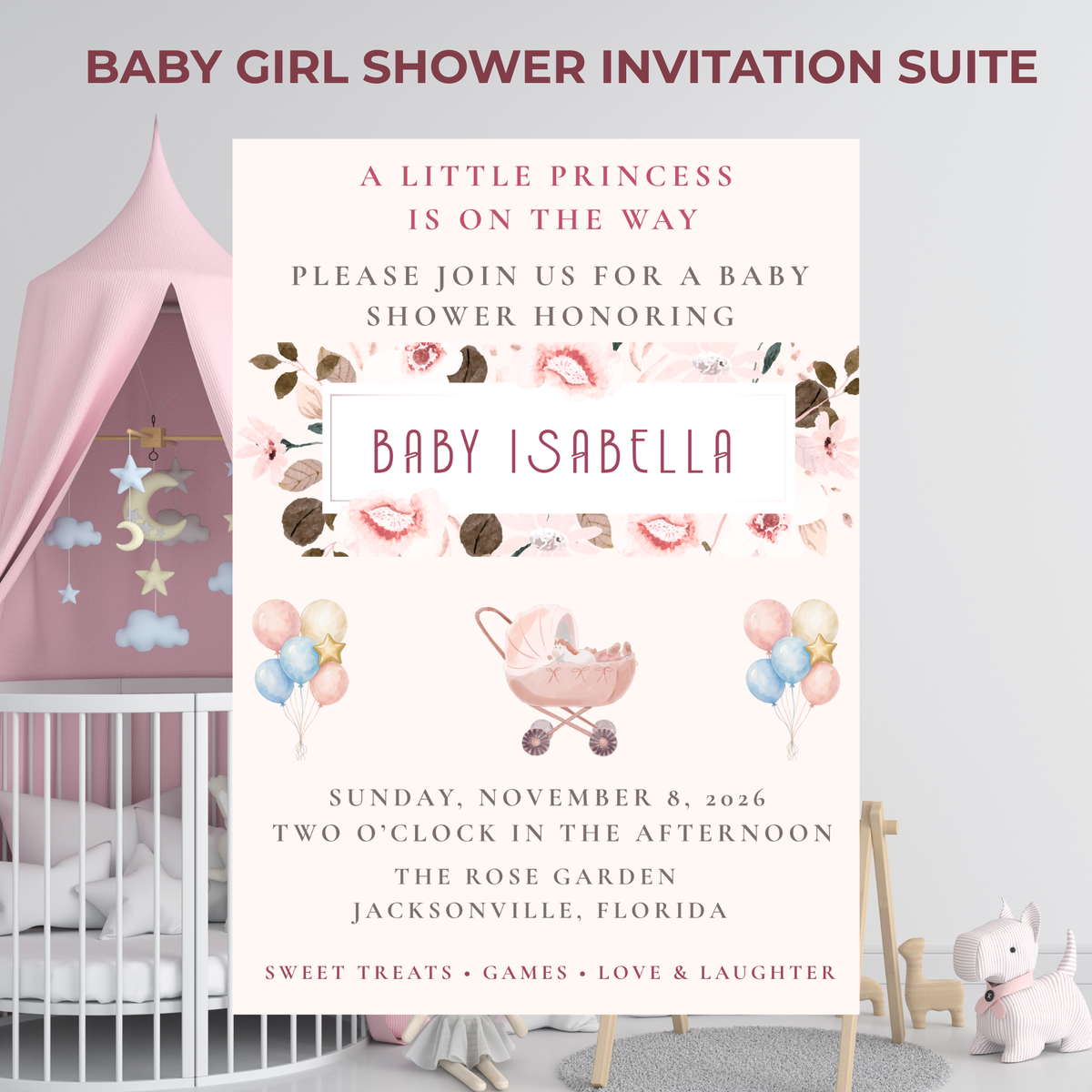 Baby Girl Shower Invitation — Editable Canva Template, English, Spanish & Bilingual