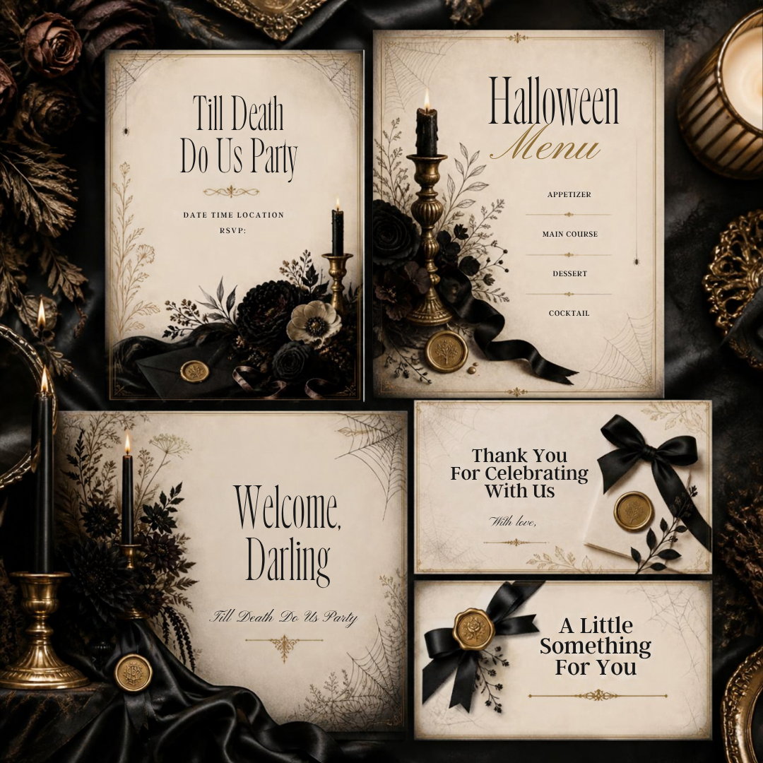 Till Death Do Us Party Halloween Stationery Bundle | Editable Canva Templates