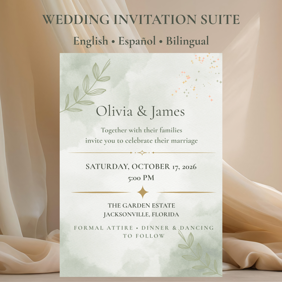 Wedding Invitation Suite — Editable Canva Template, English, Spanish & Bilingual