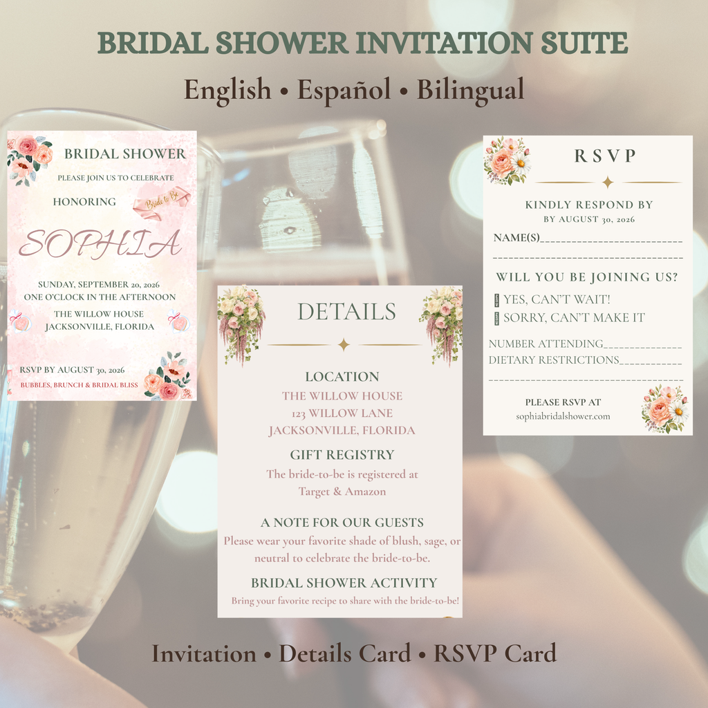 Bridal Shower Invitation Suite — Editable Canva Template, English, Spanish & Bilingual