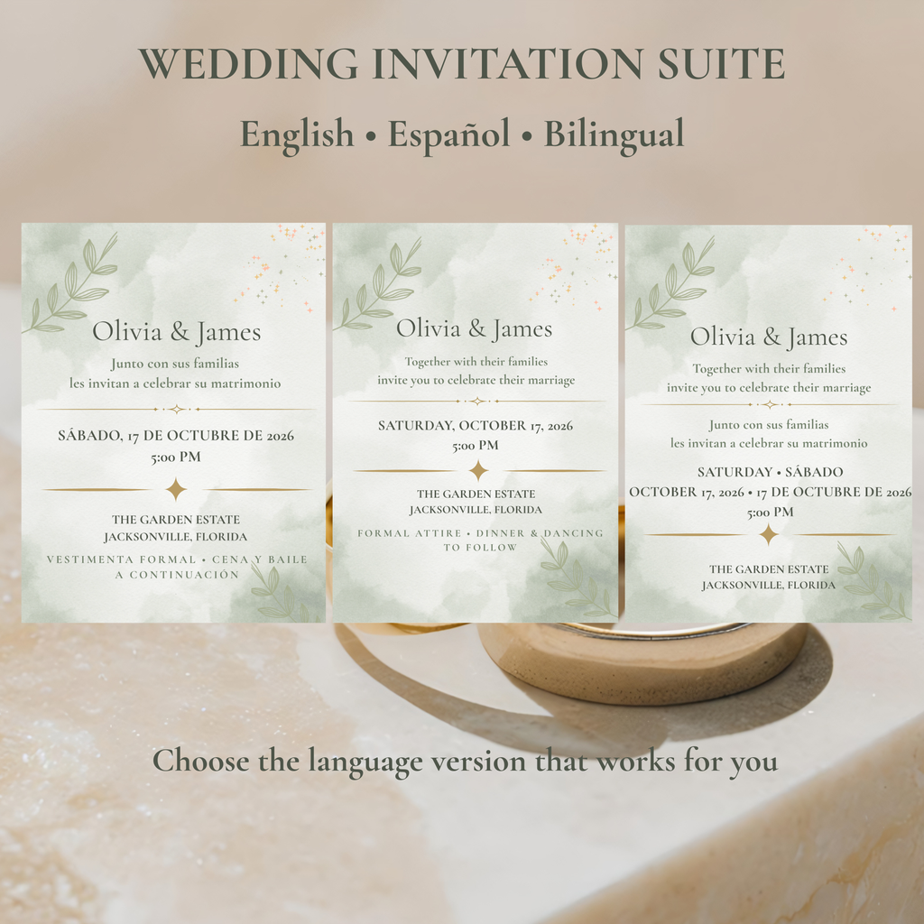Wedding Invitation Suite — Editable Canva Template, English, Spanish & Bilingual