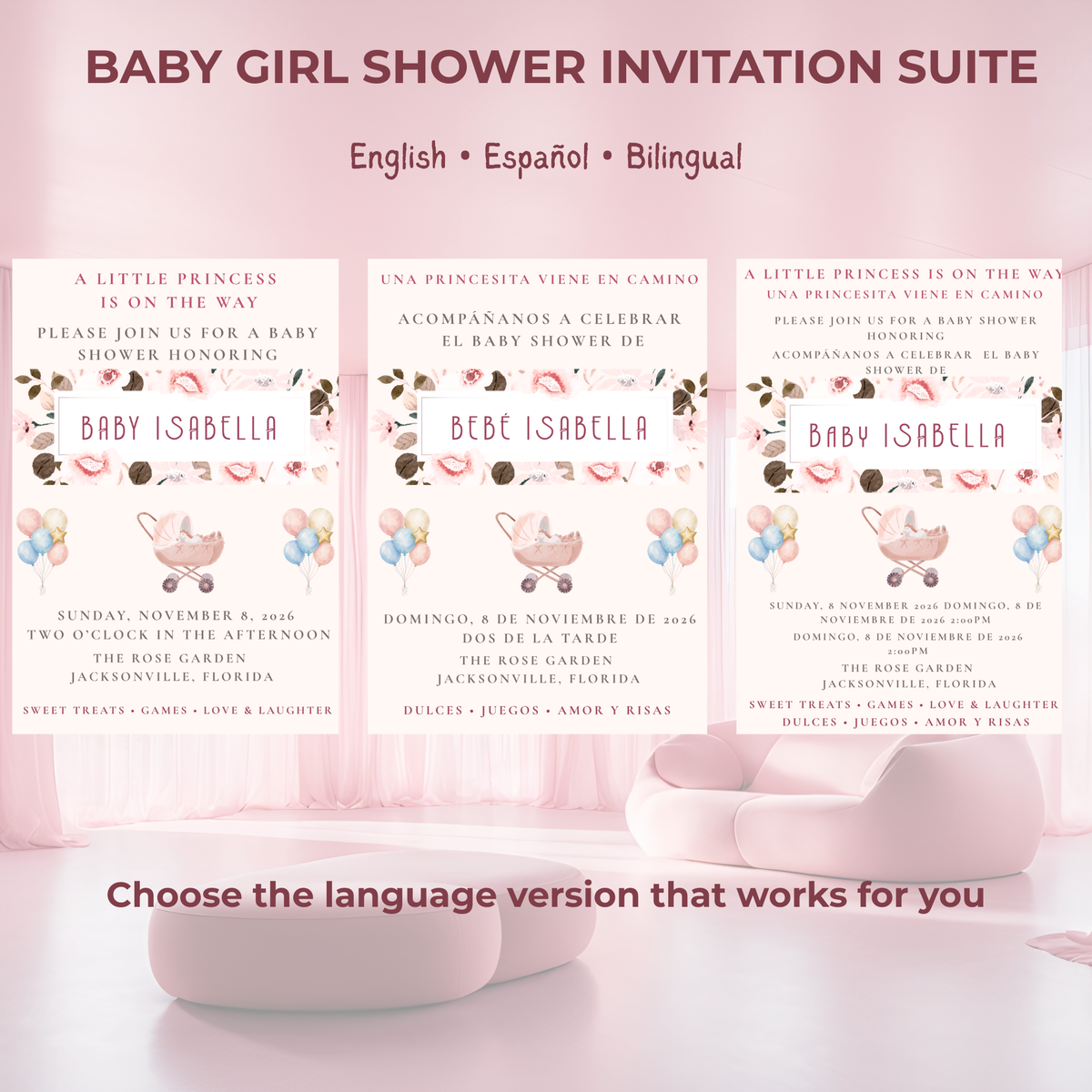 Baby Girl Shower Invitation — Editable Canva Template, English, Spanish & Bilingual