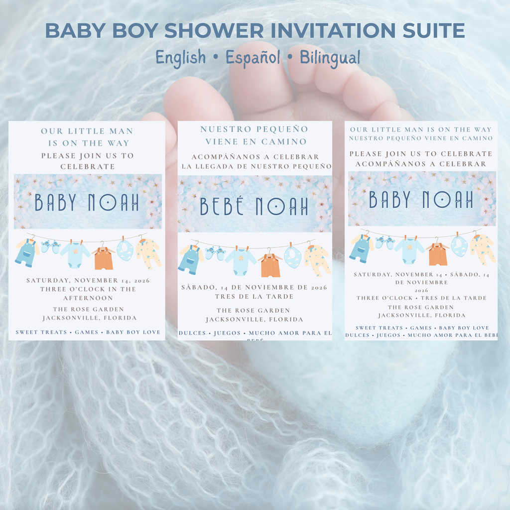 Baby Boy Shower Invitation — Editable Canva Template, English, Spanish & Bilingual
