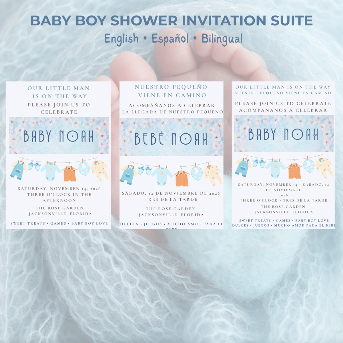 Baby Boy Shower Invitation — Editable Canva Template, English, Spanish & Bilingual
