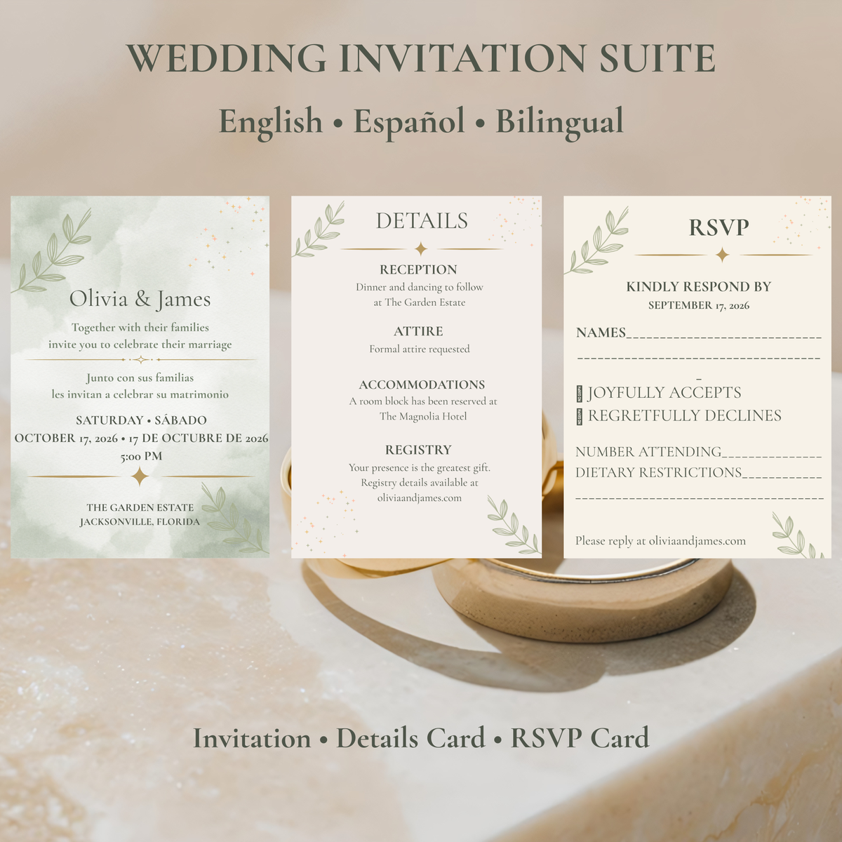 Wedding Invitation Suite — Editable Canva Template, English, Spanish & Bilingual
