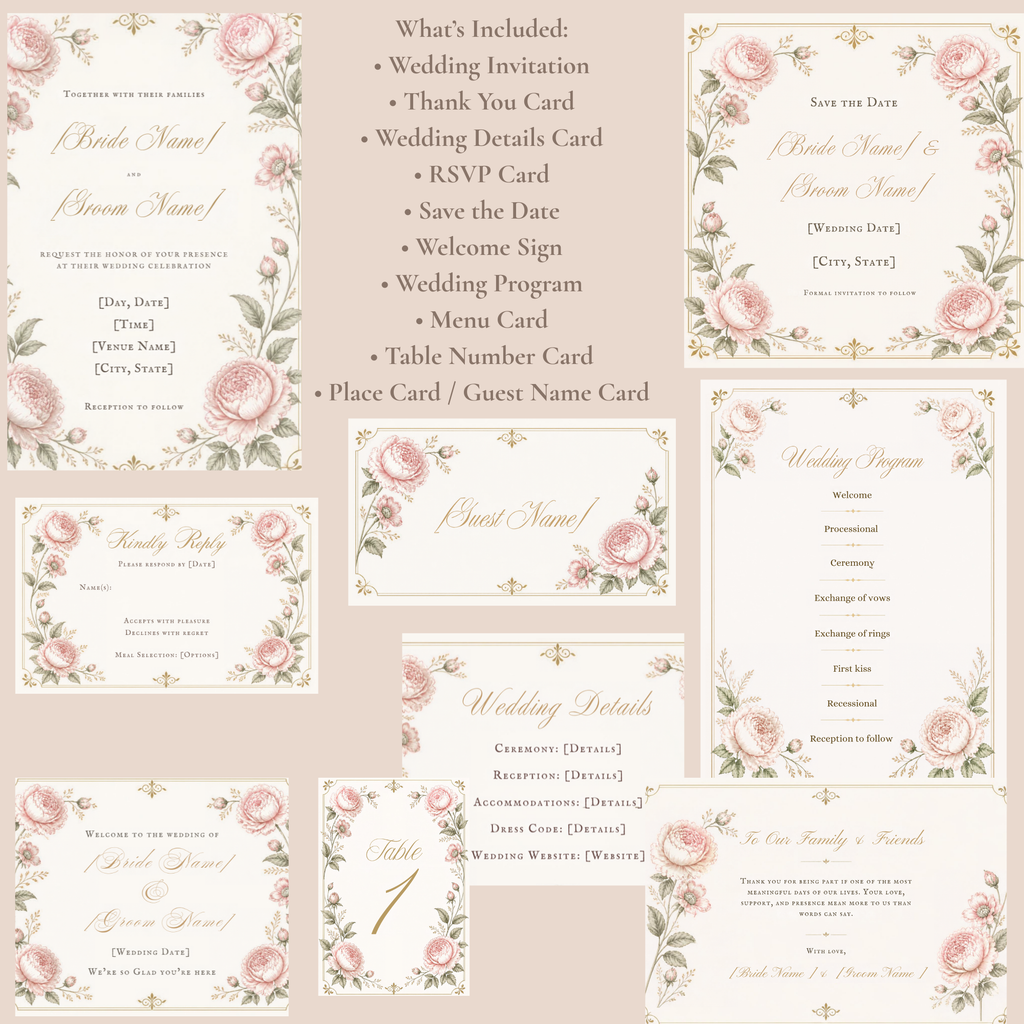 Romantic Floral Wedding Invitation Bundle | 10 Editable Canva Templates