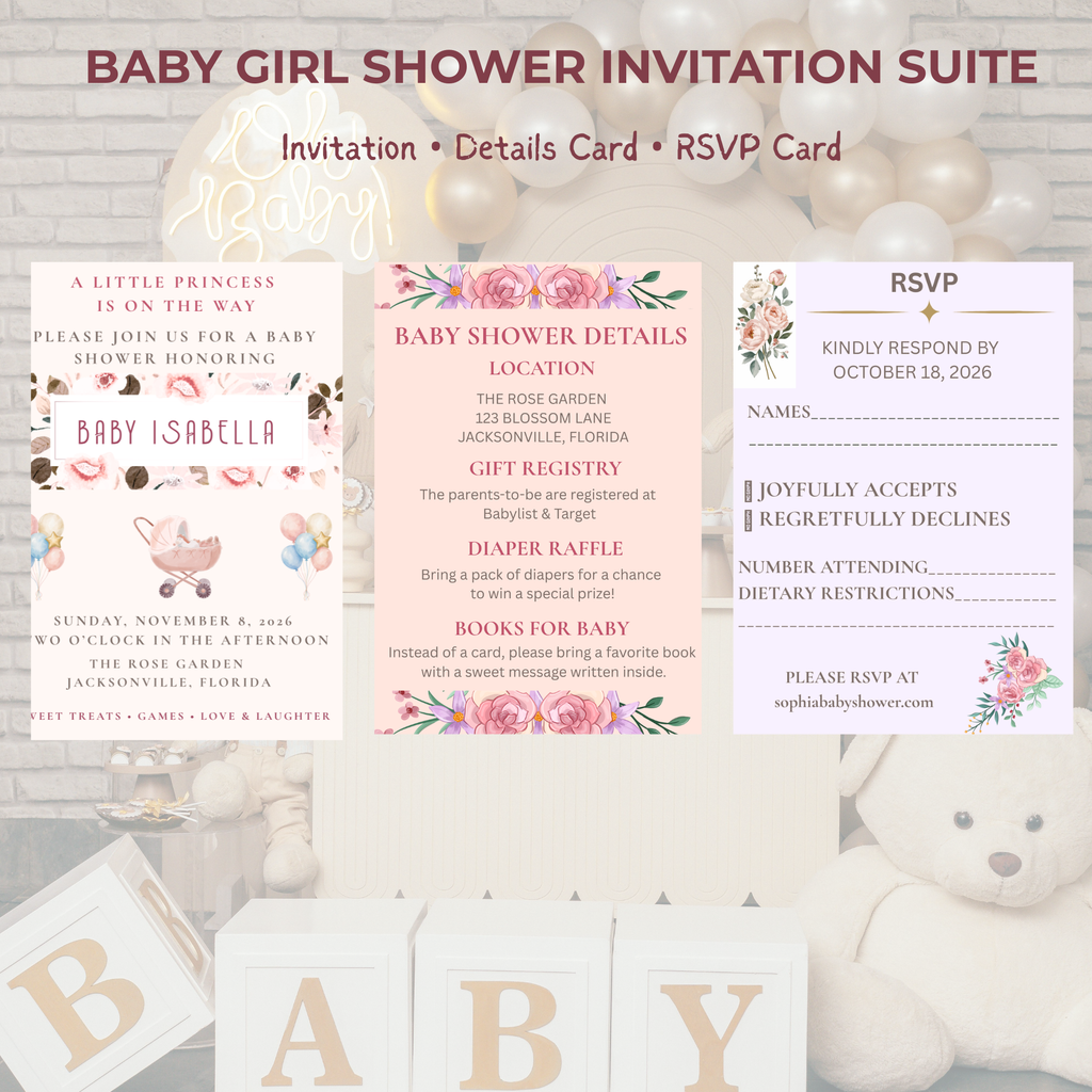 Baby Girl Shower Invitation — Editable Canva Template, English, Spanish & Bilingual