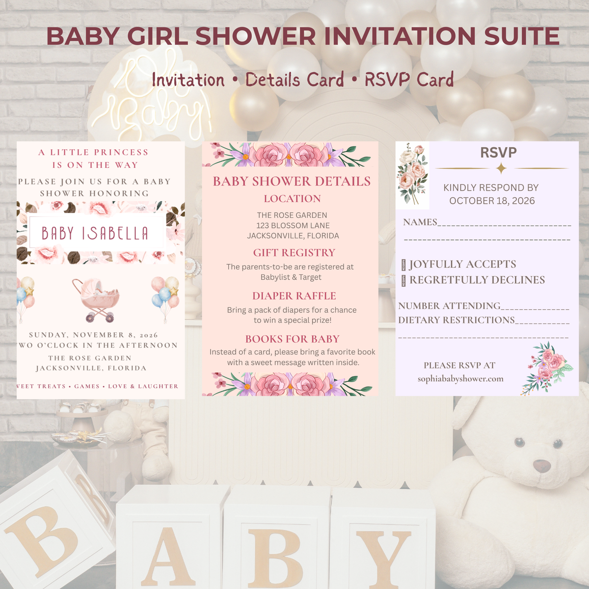 Baby Girl Shower Invitation — Editable Canva Template, English, Spanish & Bilingual