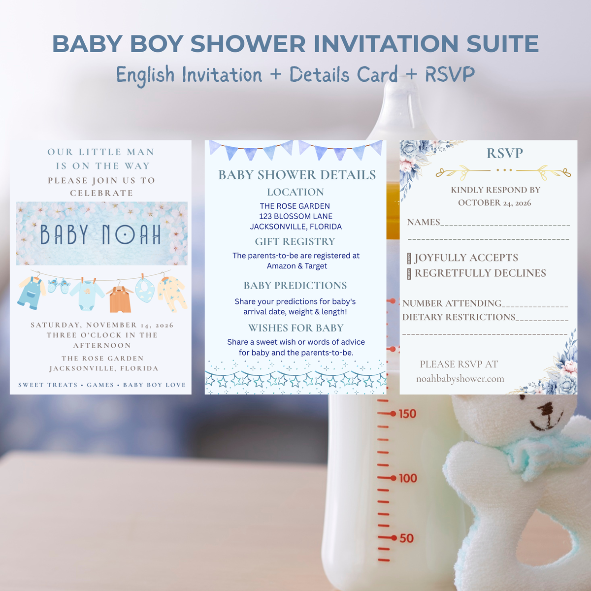 Baby Boy Shower Invitation — Editable Canva Template, English, Spanish & Bilingual