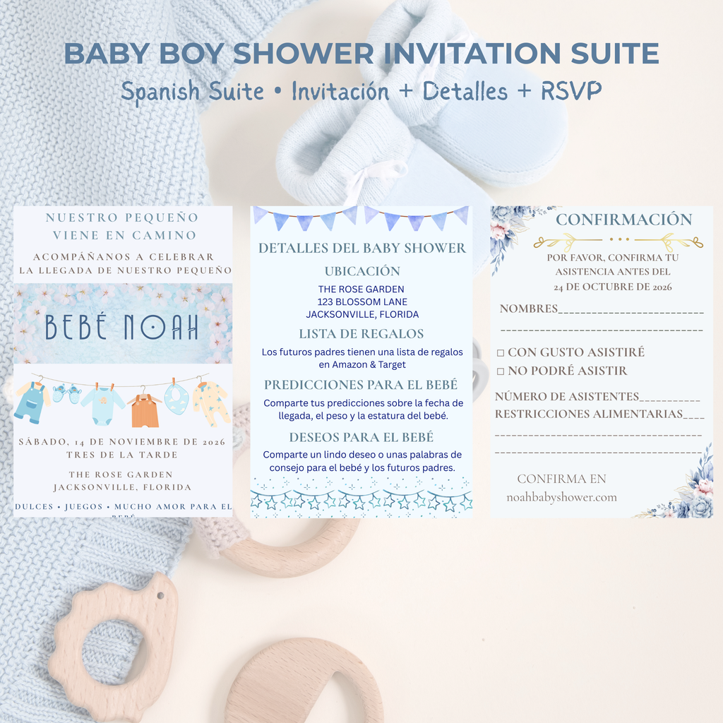 Baby Boy Shower Invitation — Editable Canva Template, English, Spanish & Bilingual