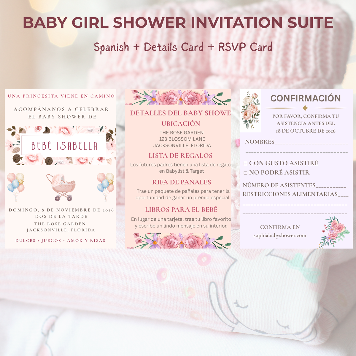 Baby Girl Shower Invitation — Editable Canva Template, English, Spanish & Bilingual