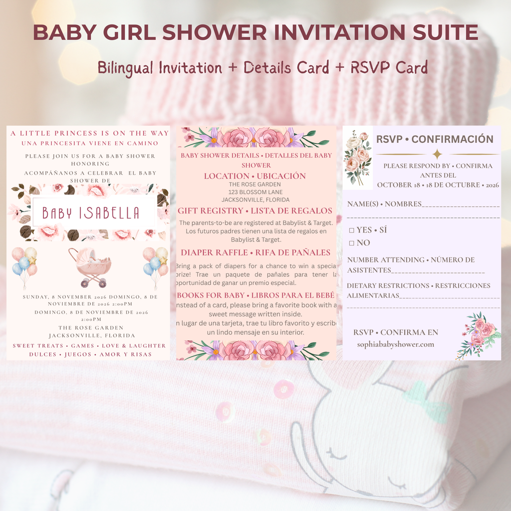 Baby Girl Shower Invitation — Editable Canva Template, English, Spanish & Bilingual