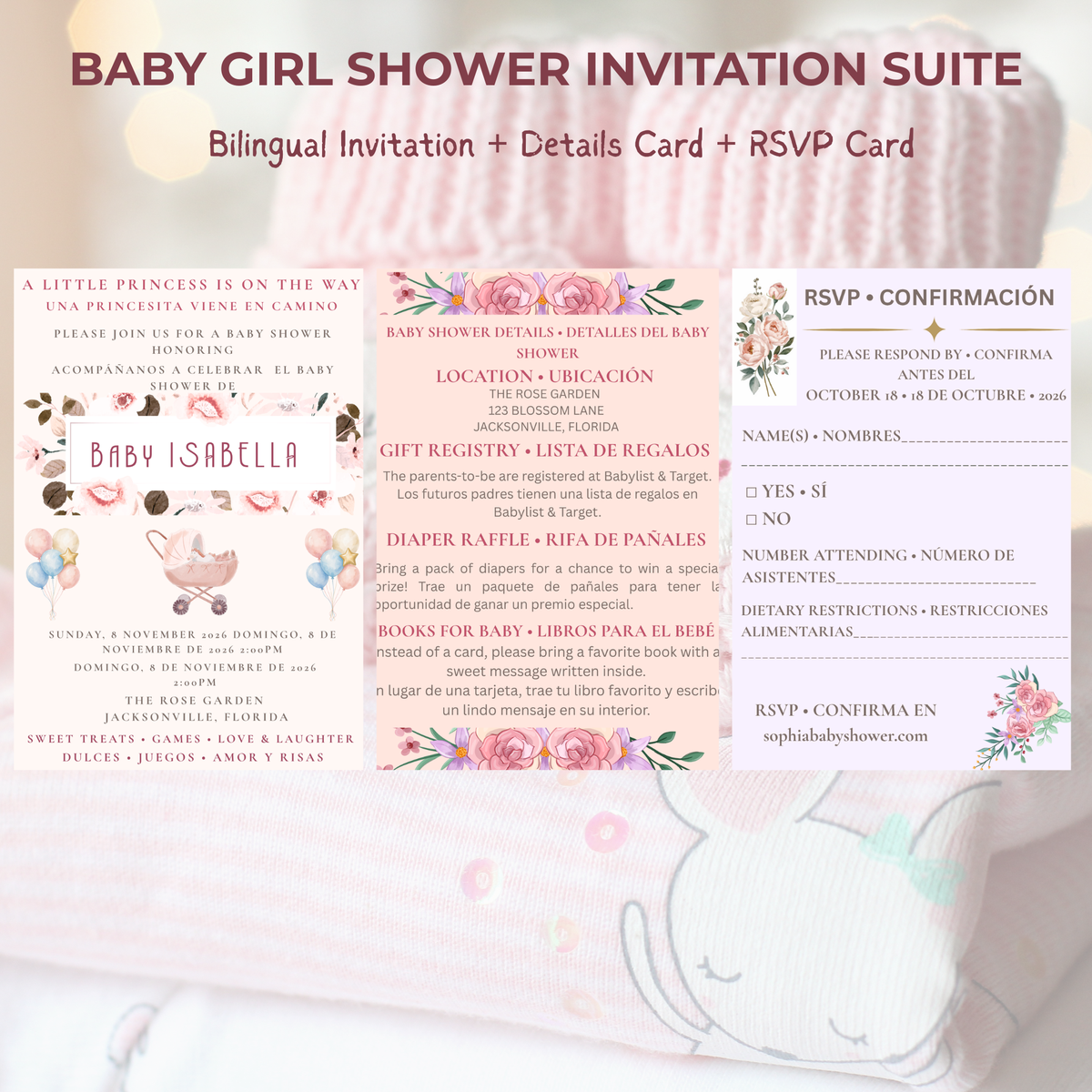 Baby Girl Shower Invitation — Editable Canva Template, English, Spanish & Bilingual