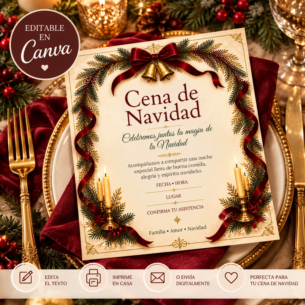 Invitación para Cena de Navidad en Español | Plantilla Editable en Canva