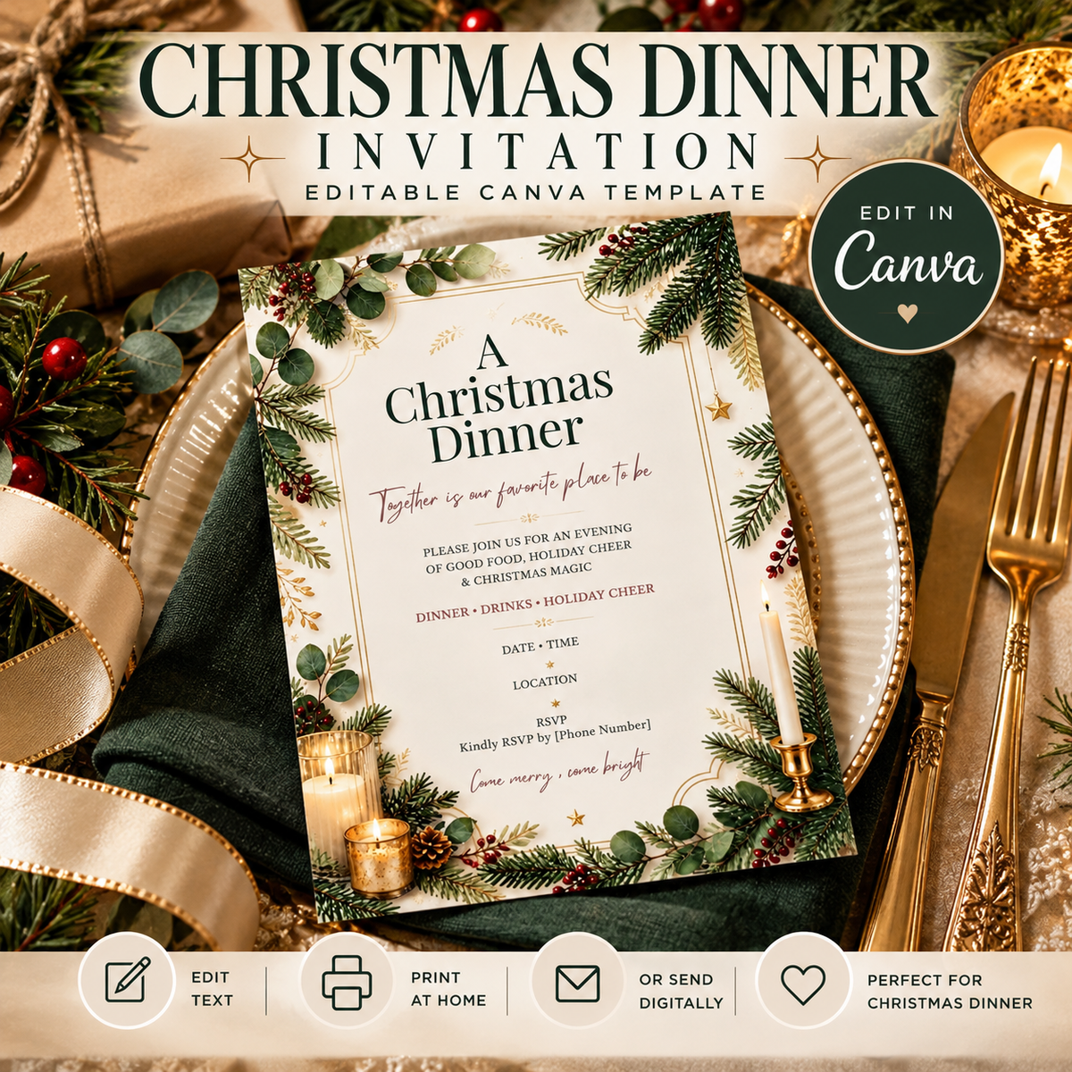 Elegant Christmas Dinner Invitation | Editable Canva Holiday Invitation Template