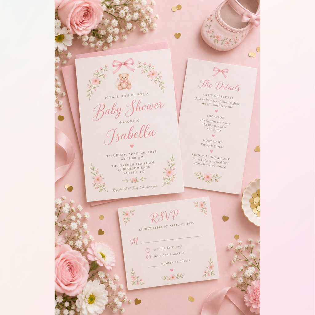 Baby Girl Shower Invitation — Editable Canva Template, English, Spanish & Bilingual