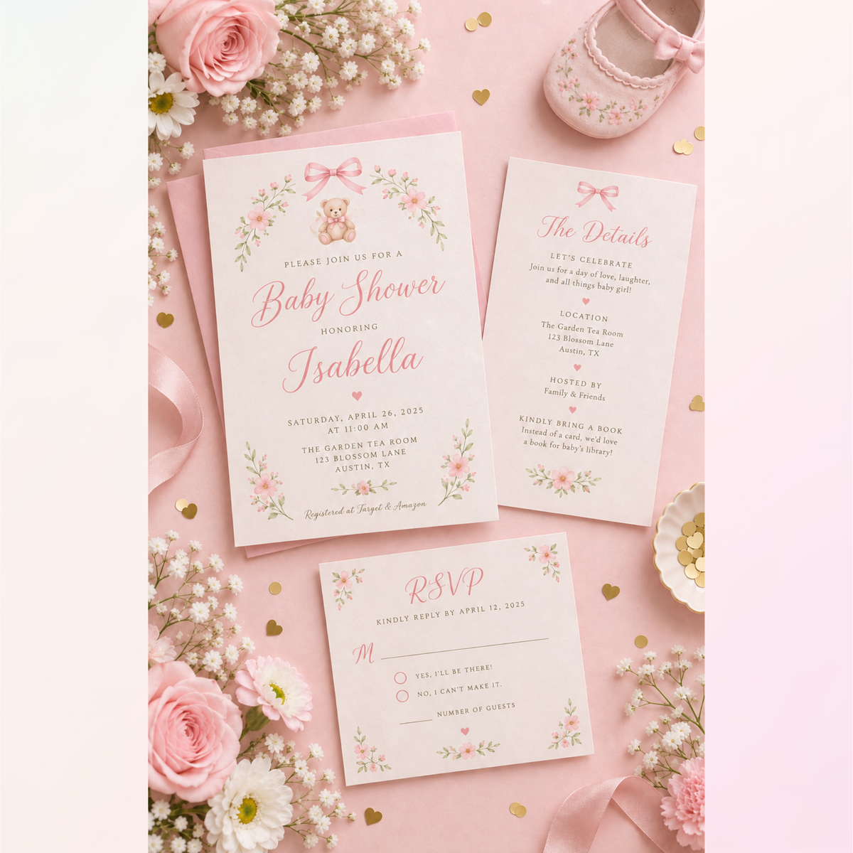 Baby Girl Shower Invitation — Editable Canva Template, English, Spanish & Bilingual