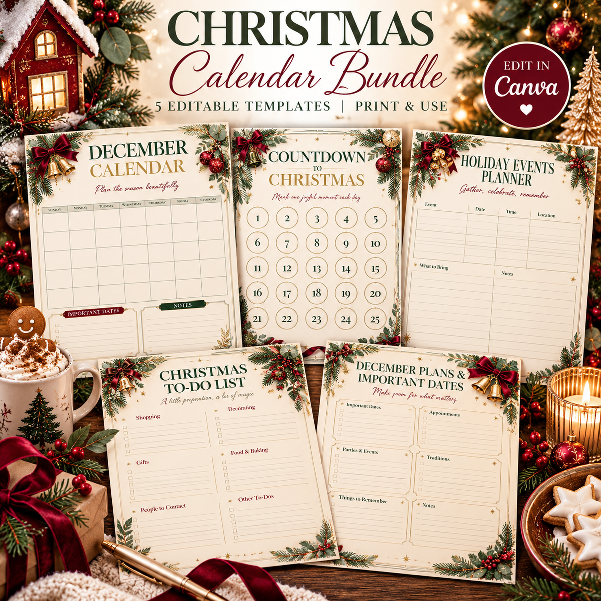 Christmas Planner Bundle | 5 Editable Canva Holiday Planning Templates