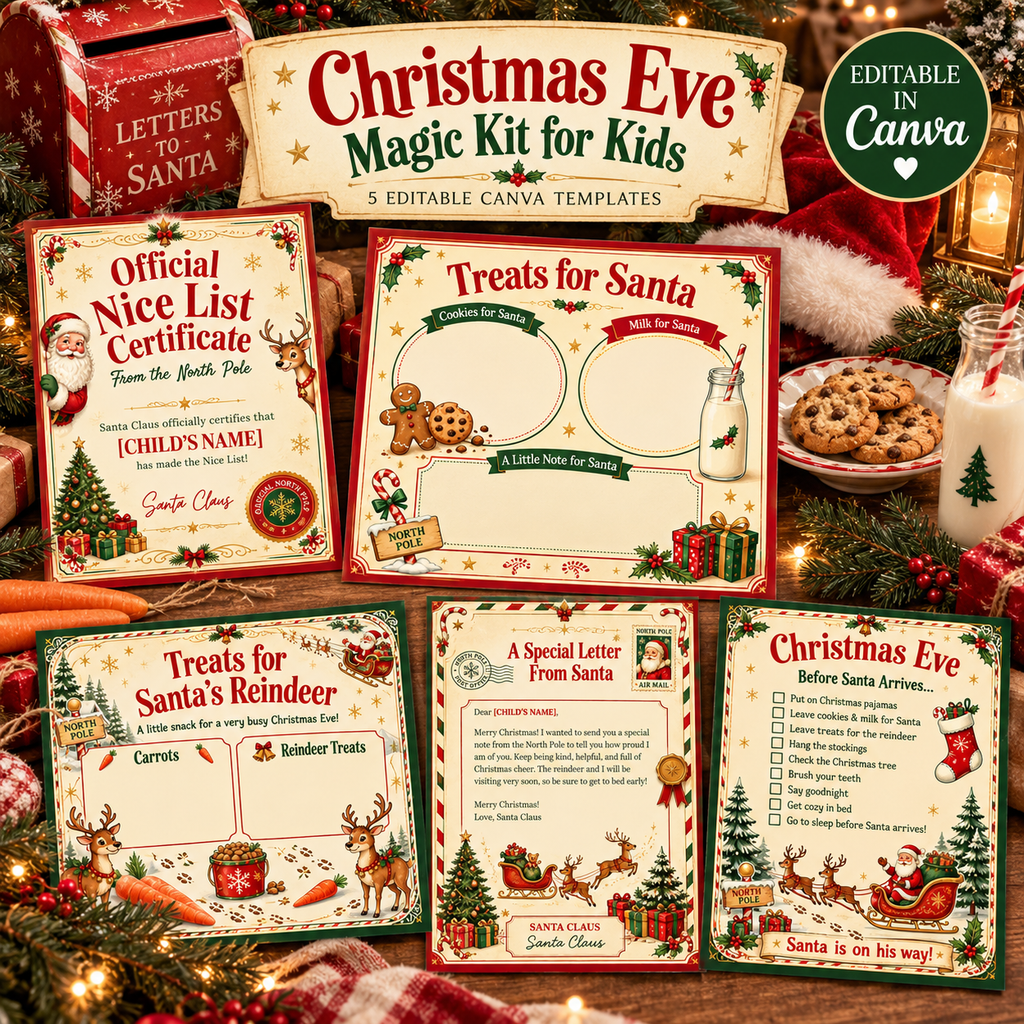 Christmas Eve Magic Kit for Kids | 5 Editable Canva Christmas Templates