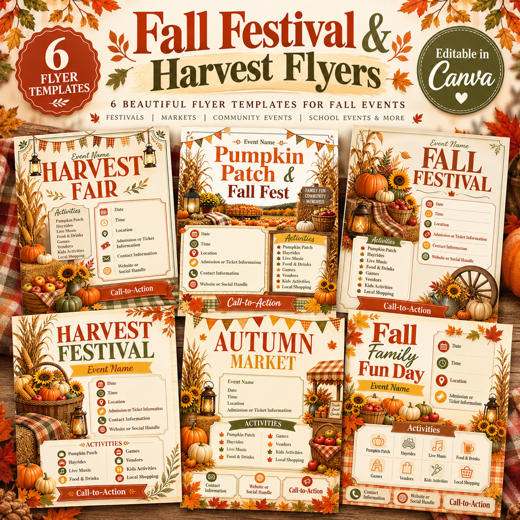 Fall Festival & Harvest Flyer Bundle | 6 Editable Canva Templates