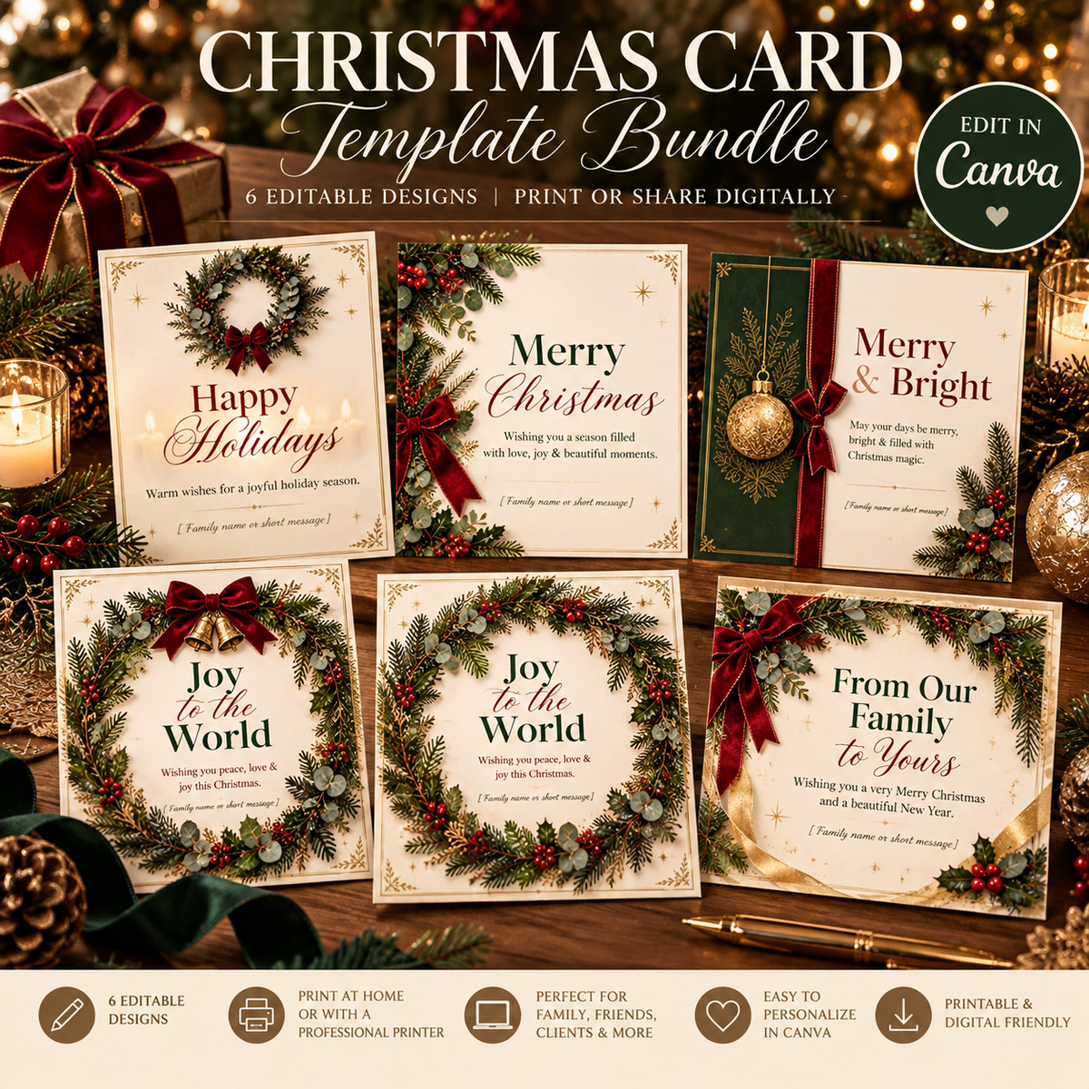 Christmas Card Template Bundle | 6 Editable Canva Holiday Cards