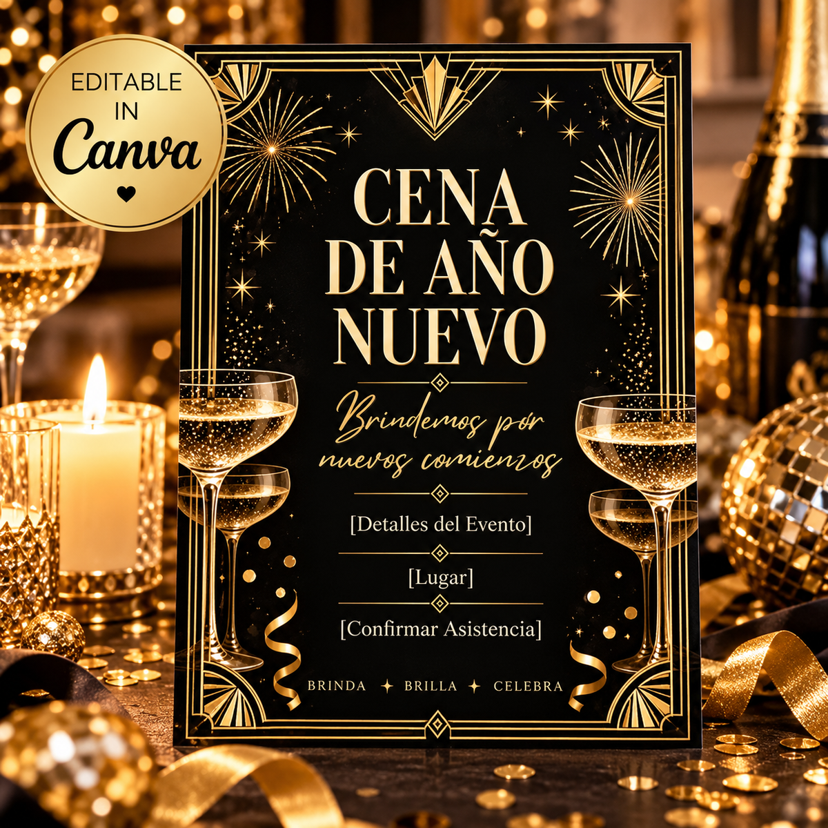 Invitación de Año Nuevo en Español | Plantilla Editable en Canva