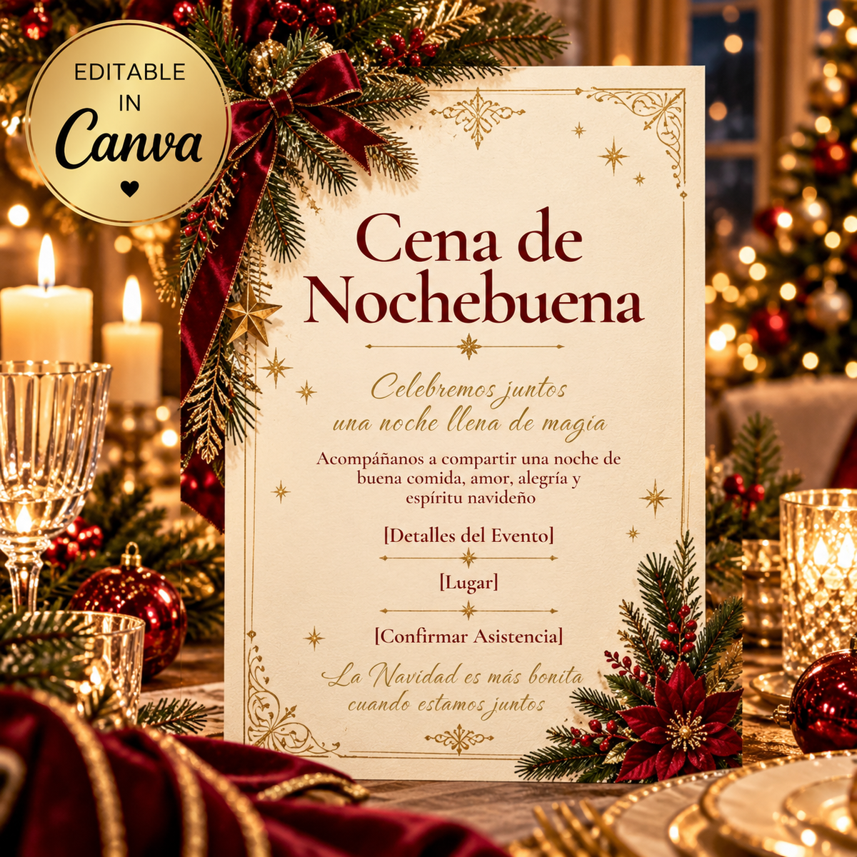 Invitación para Cena de Nochebuena en Español | Plantilla Editable en Canva
