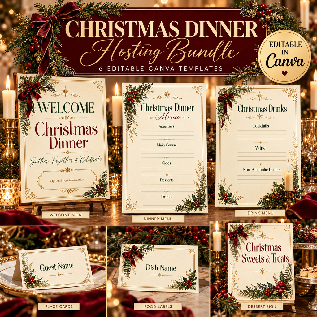 Christmas Dinner Hosting Bundle | 6 Editable Canva Holiday Templates