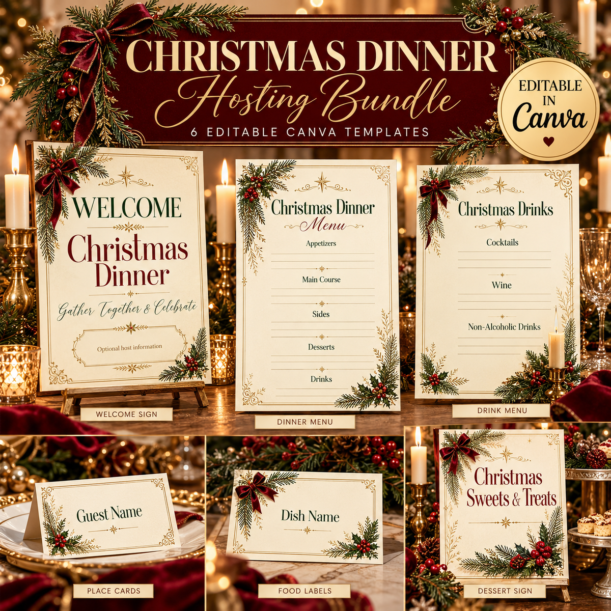 Christmas Dinner Hosting Bundle | 6 Editable Canva Holiday Templates