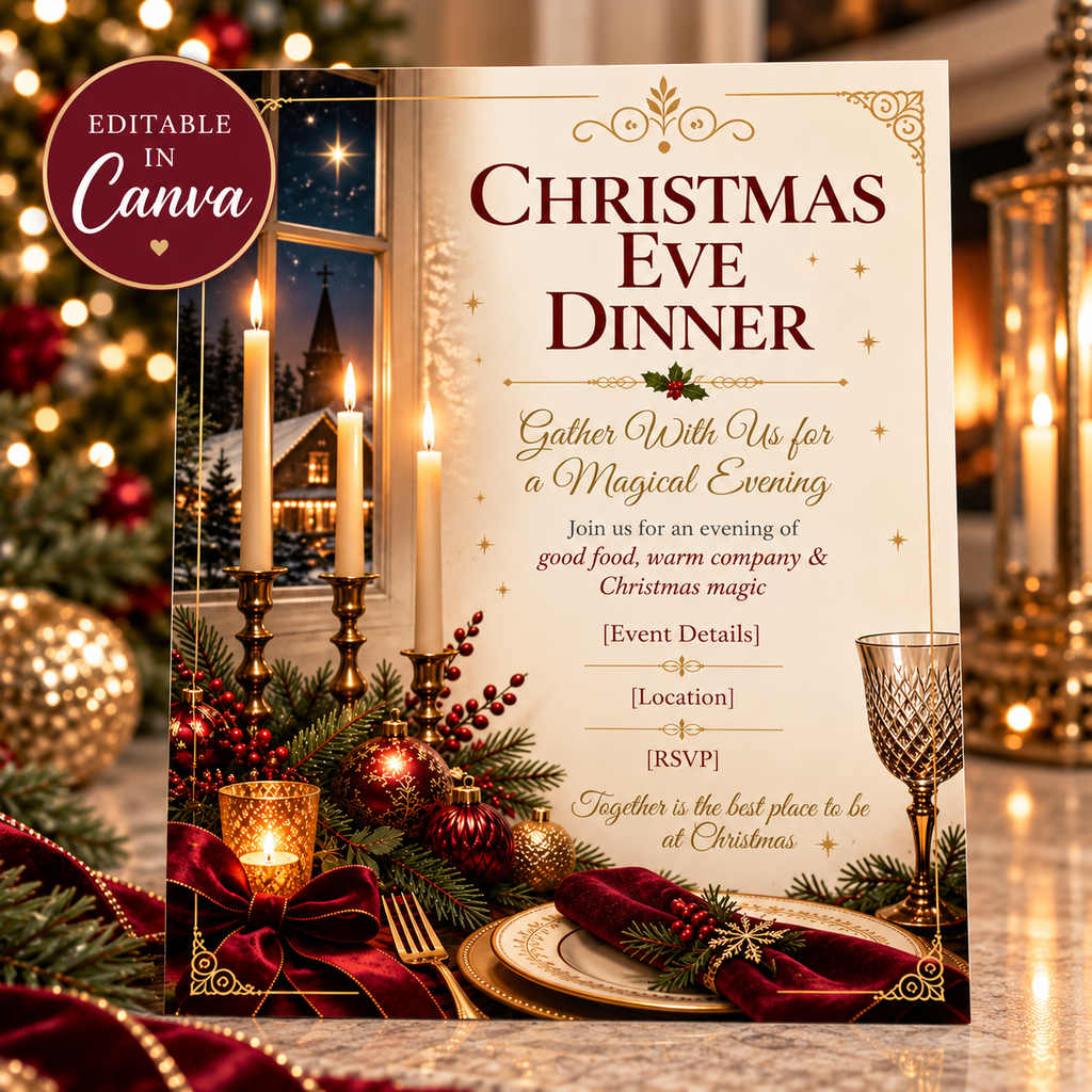 Christmas Eve Dinner Invitation | Editable Canva Holiday Invitation
