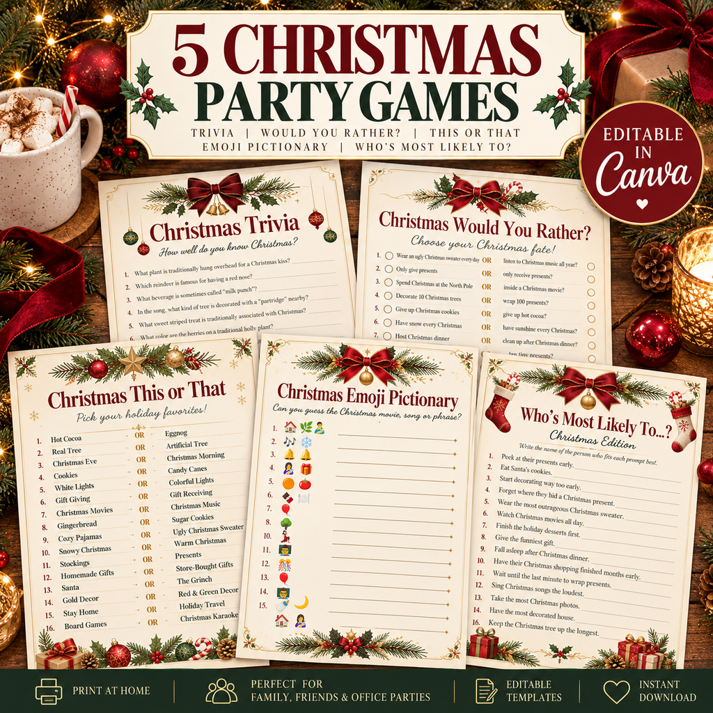 Christmas Party Games Bundle | 5 Editable Canva Holiday Games
