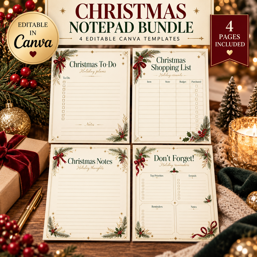 Christmas Notepad Bundle | 4 Editable Canva Holiday Planner Templates
