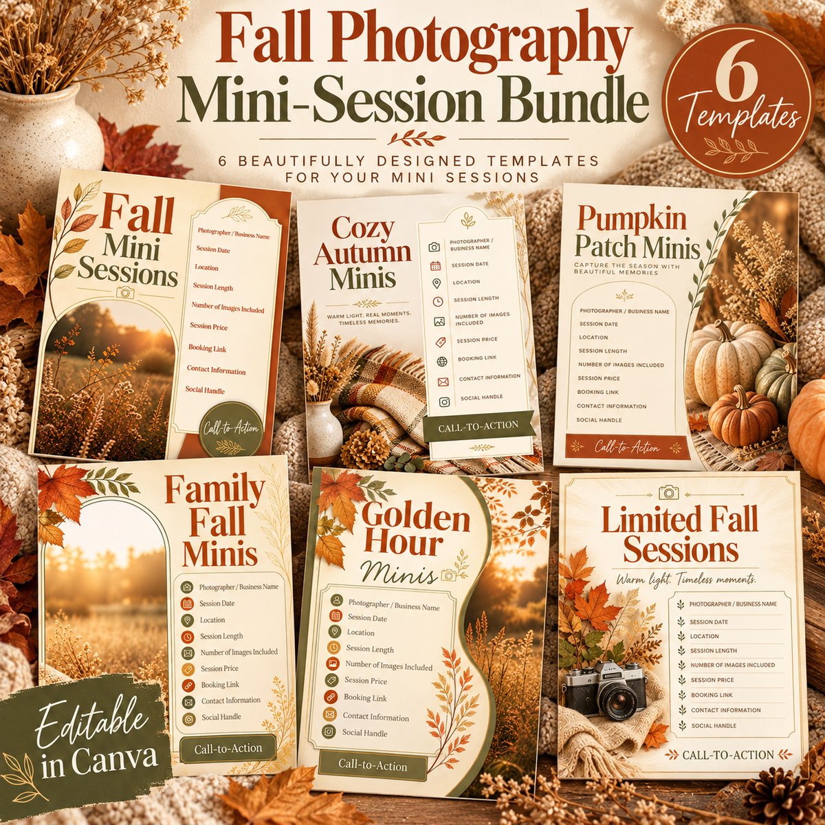 Fall Photography Mini-Session Bundle | 6 Editable Canva Templates
