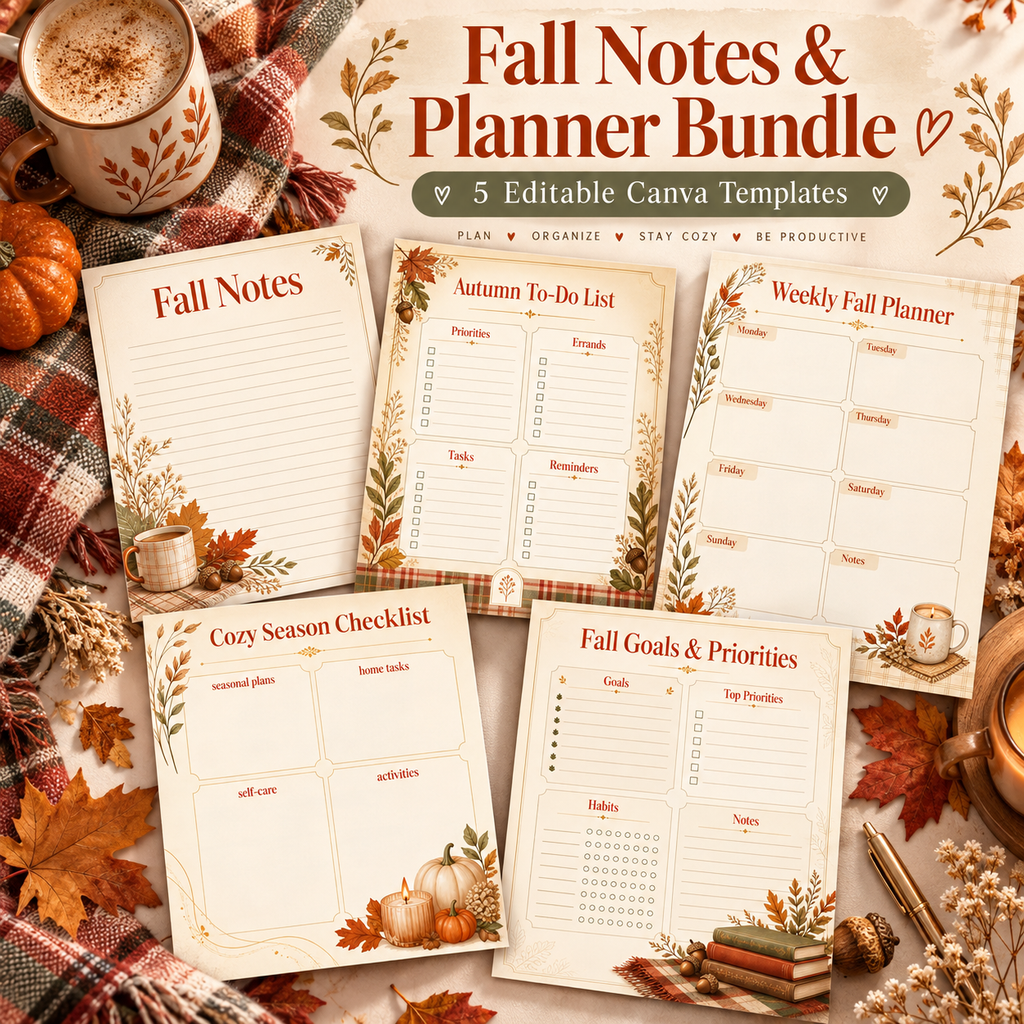 Fall Notepad & Planner Bundle | 5 Editable Canva Templates