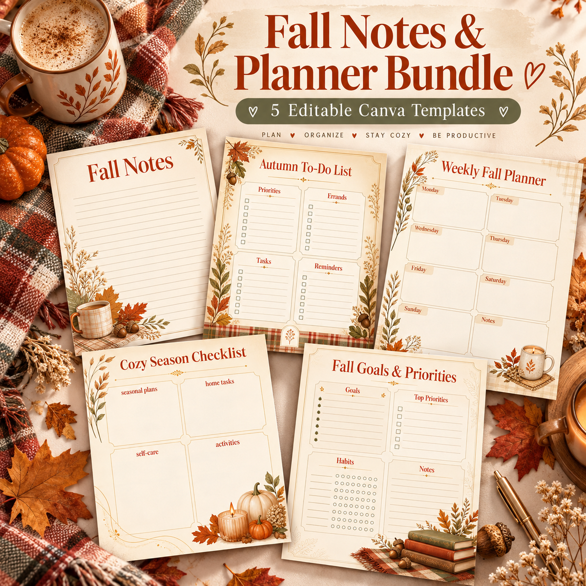 Fall Notepad & Planner Bundle | 5 Editable Canva Templates