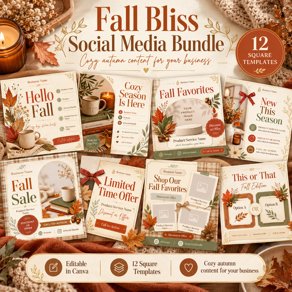 Fall Bliss Social Media Bundle | 12 Editable Canva Templates