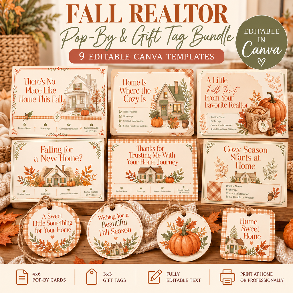 Fall Realtor Pop-By & Gift Tag Bundle | 9 Editable Canva Templates