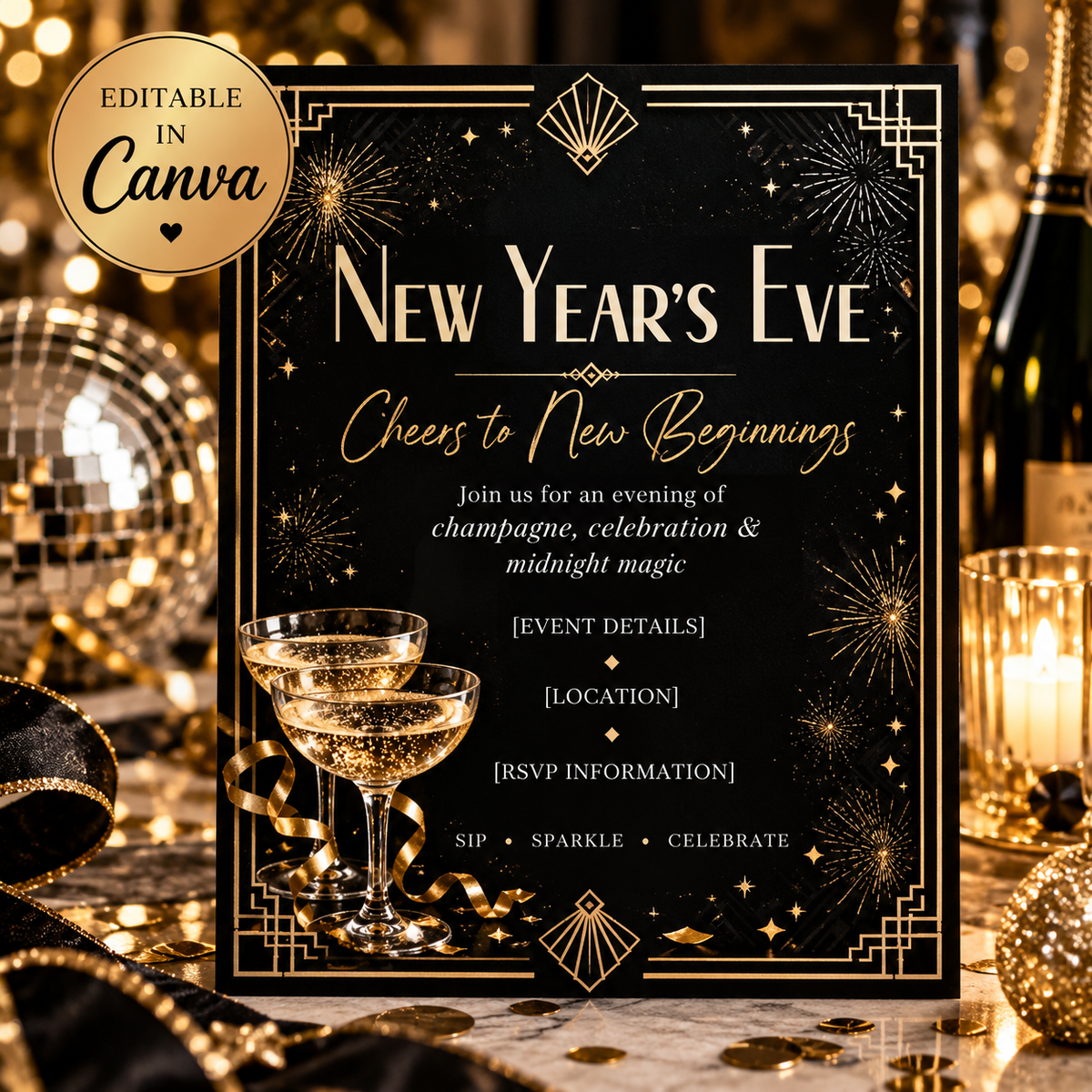 New Year’s Eve Party Invitation | Editable Canva NYE Invitation Template