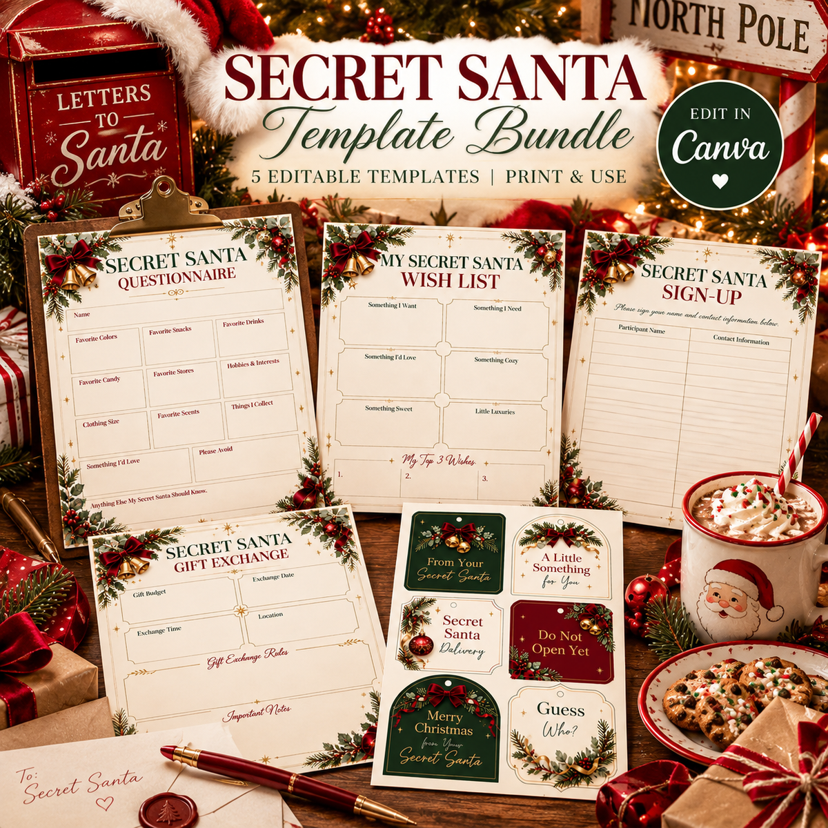 Secret Santa Gift Exchange Bundle | 5 Editable Canva Christmas Templates