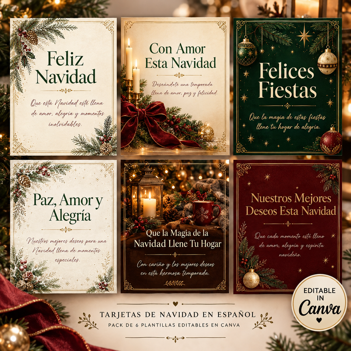 Tarjetas de Navidad en Español | Pack de 6 Plantillas Editables en Canva