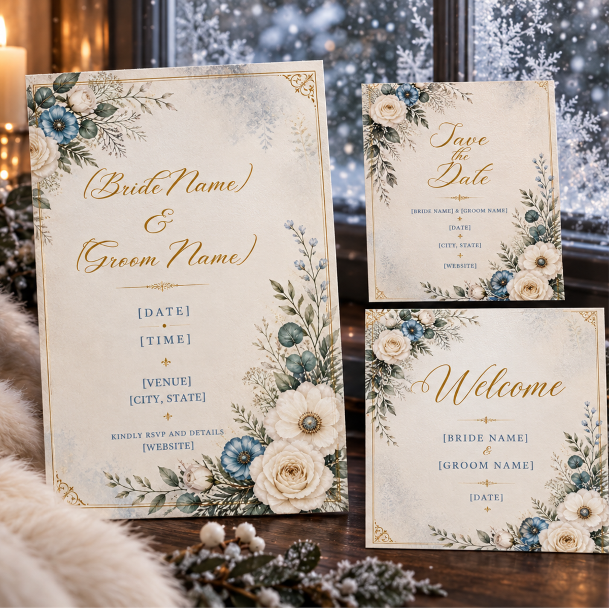 Elegant Winter Blue Wedding Invitation Bundle | 10 Editable Canva Templates