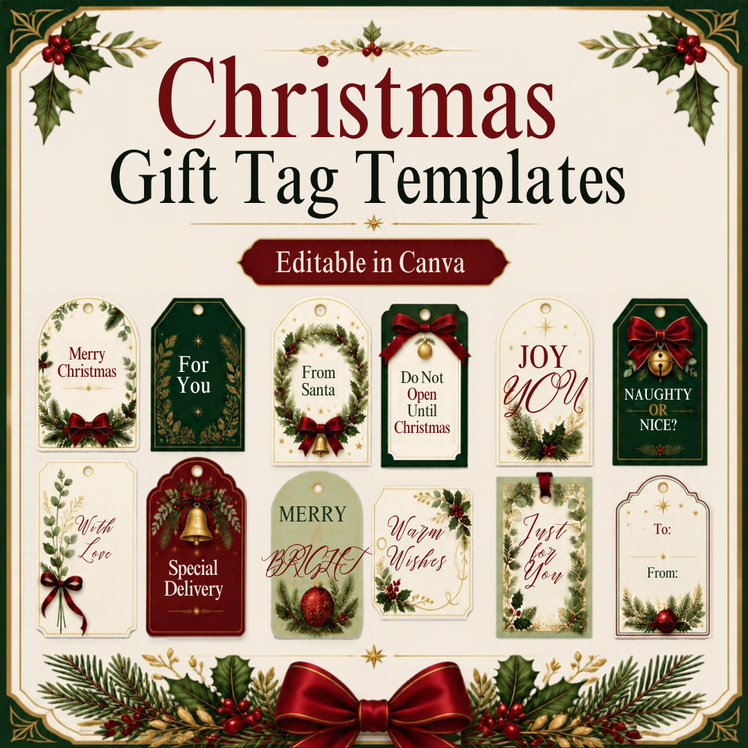 Christmas Gift Tags Bundle | 12 Editable Canva Holiday Gift Tag Templates