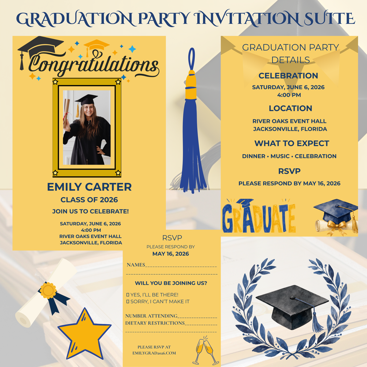 Graduation Invitation Suite — Editable Canva Template, Class of 2027