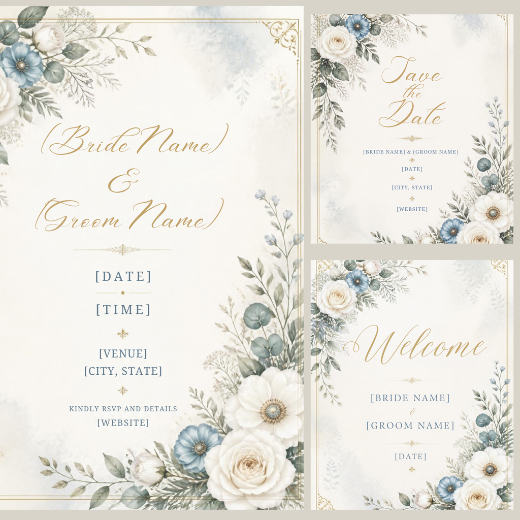 Elegant Winter Blue Wedding Invitation Bundle | 10 Editable Canva Templates