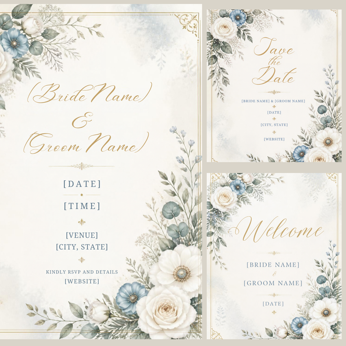 Elegant Winter Blue Wedding Invitation Bundle | 10 Editable Canva Templates