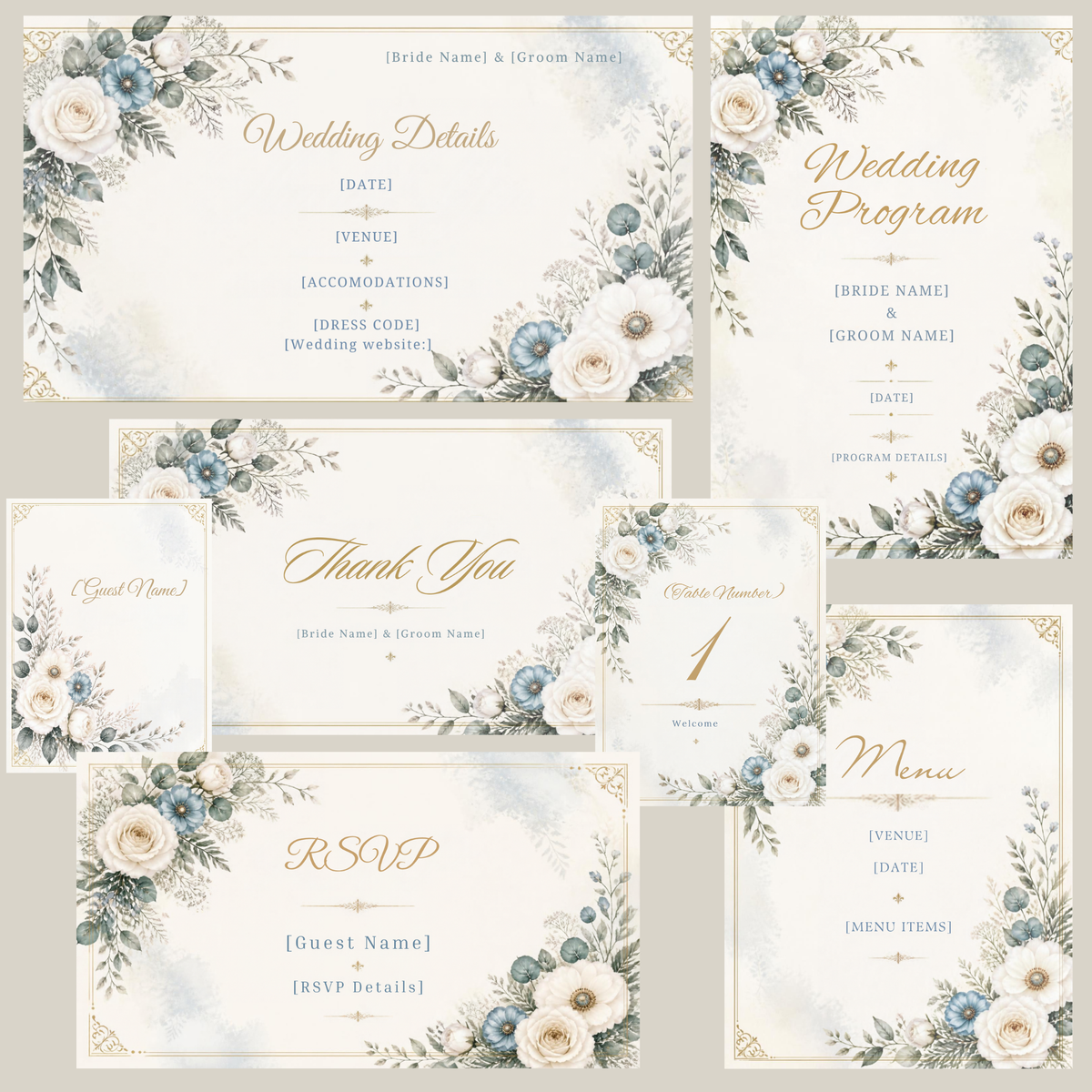 Elegant Winter Blue Wedding Invitation Bundle | 10 Editable Canva Templates