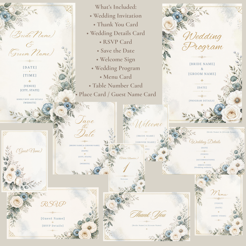 Elegant Winter Blue Wedding Invitation Bundle | 10 Editable Canva Templates
