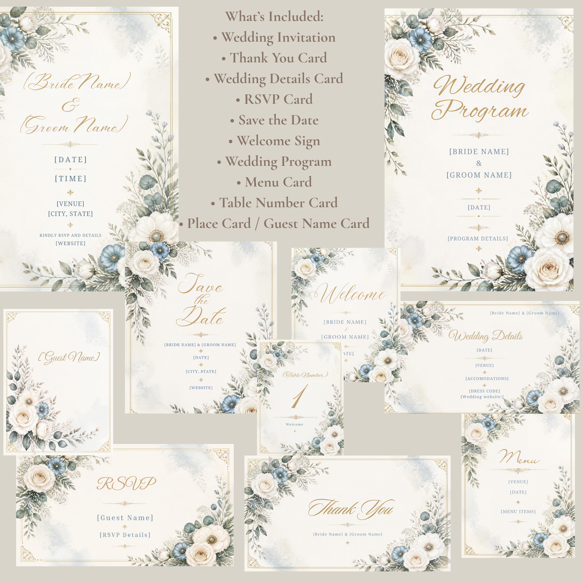 Elegant Winter Blue Wedding Invitation Bundle | 10 Editable Canva Templates