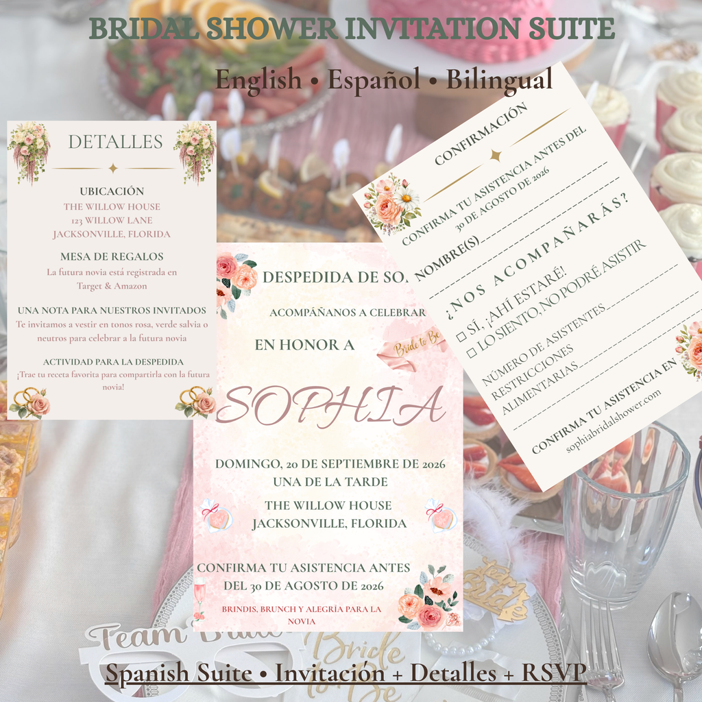 Bridal Shower Invitation Suite — Editable Canva Template, English, Spanish & Bilingual