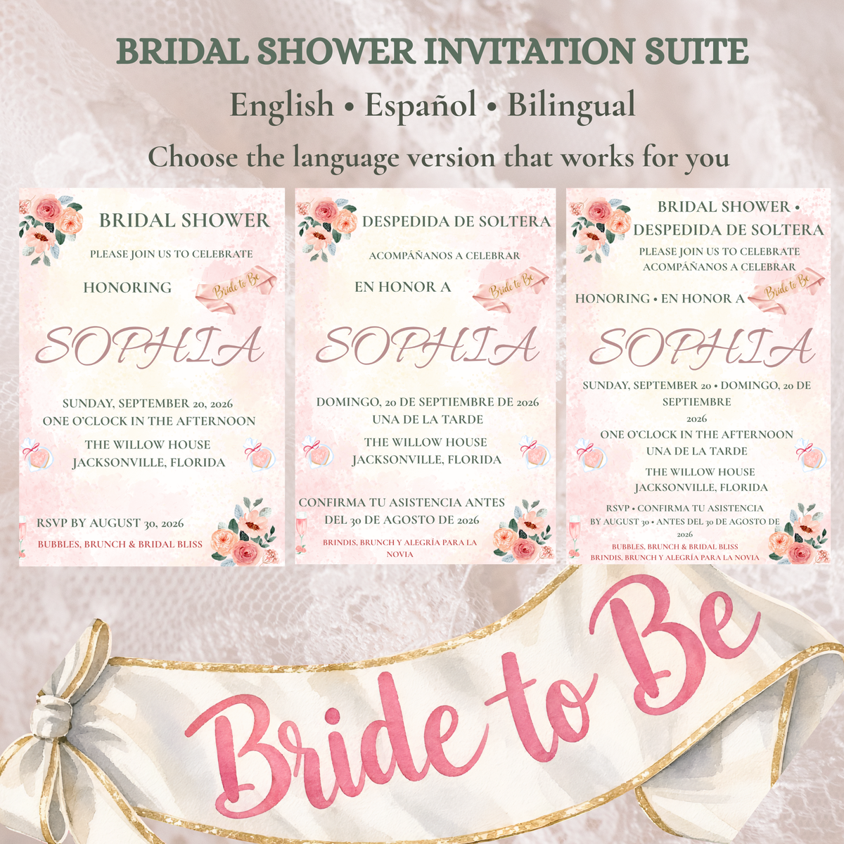 Bridal Shower Invitation Suite — Editable Canva Template, English, Spanish & Bilingual
